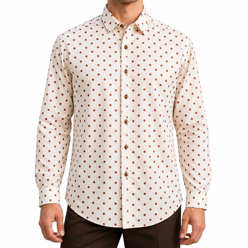 Mens Large Ivory Brown Polka Dot Silky Dress Shirt Long Sleeve Retro Mod NWT